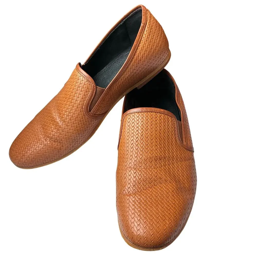 Amali Harmon Driving Loafer Men 12 Genuine Woven Leather Lined Chestnut Moccasin